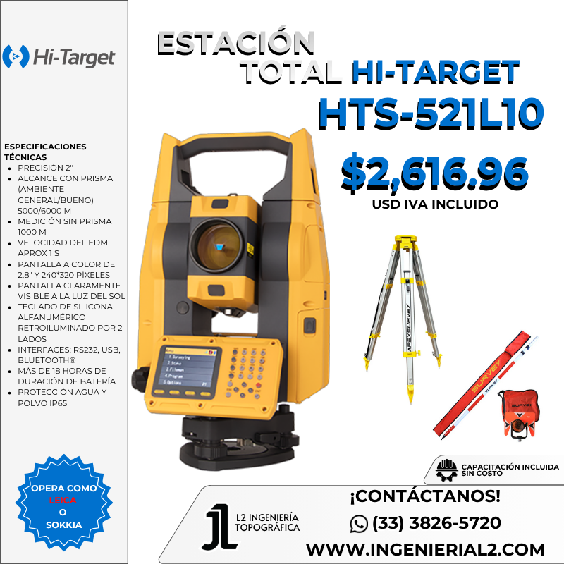 La HTS-521L10 de Hi-Target es una estación total de 2” de precisión angular, con medición hasta 1000 m sin prisma y 6000 m con prisma, exactitud de ± 2 mm + 2 ppm
