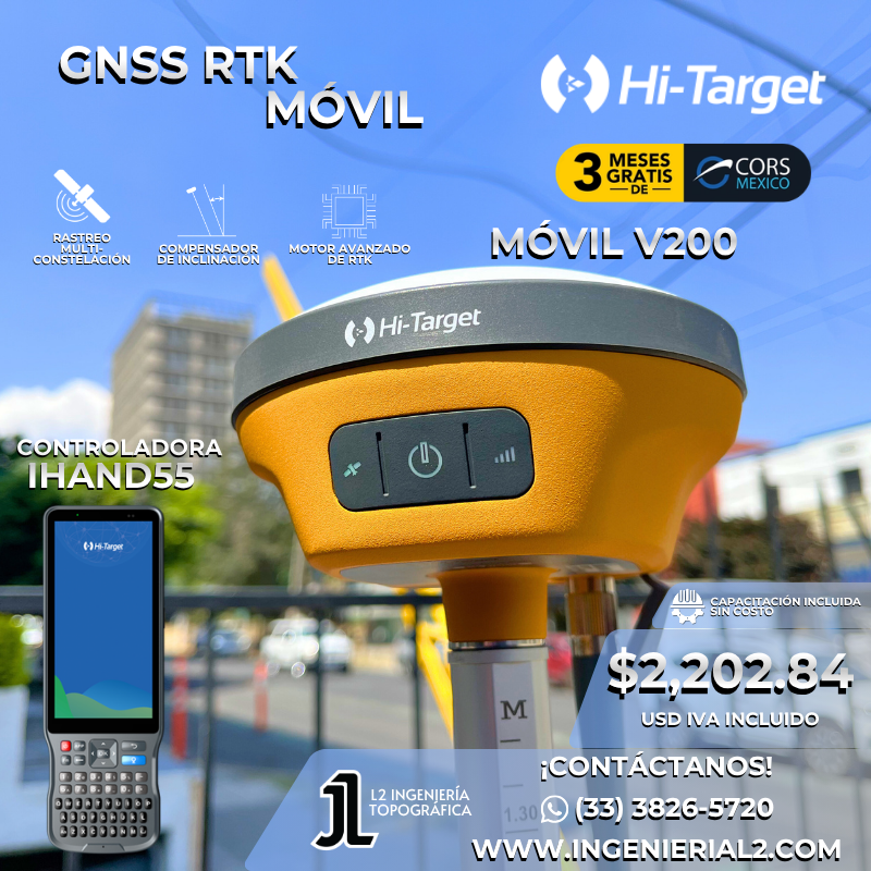 Equipo móvil GNSS Hi-Target V200 con controladora iHand55, compacto, preciso y de alto rendimiento