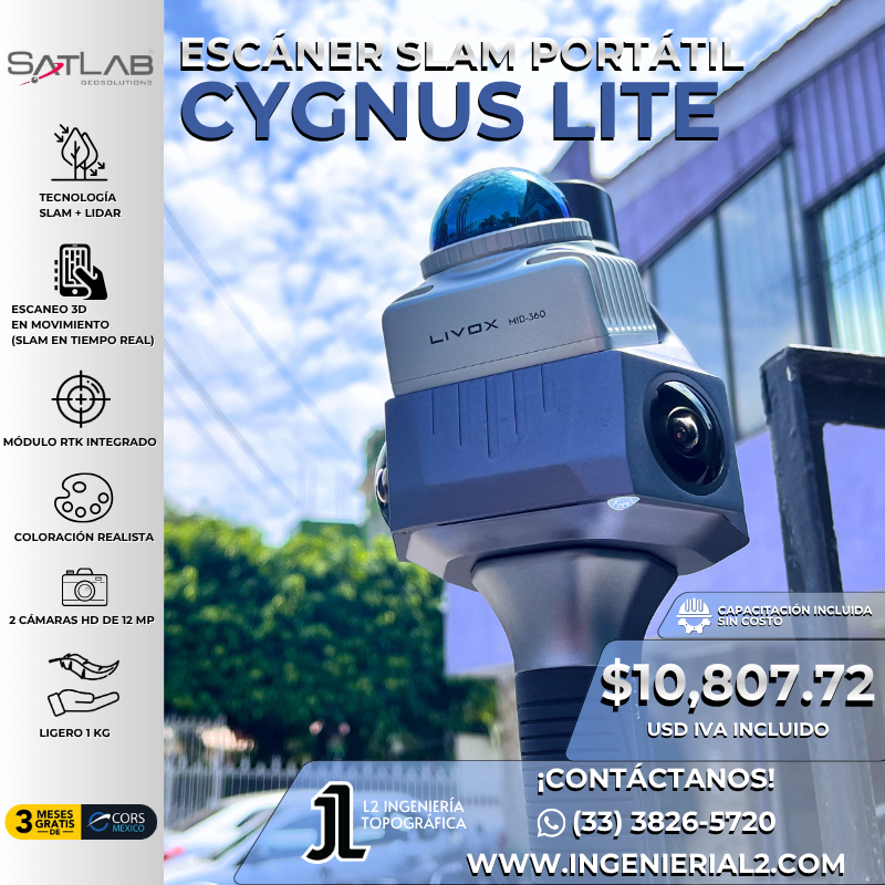 El Cygnus Lite es un escáner LiDAR portátil con tecnología SLAM + GNSS RTK, capaz de capturar hasta 200,000 pts/s