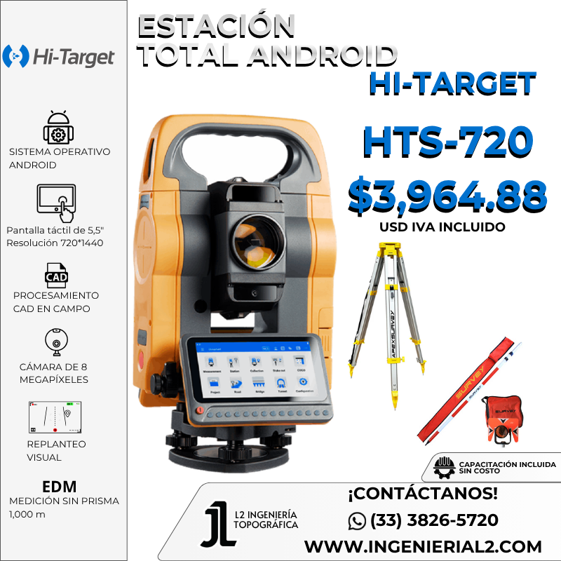La HTS-720 de Hi-Target es una estación total Android con pantalla táctil HD de 5.5”, sistema Android con software T-Survey, cámara de 8 MP, conectividad inalámbrica y procesamiento CAD en campo